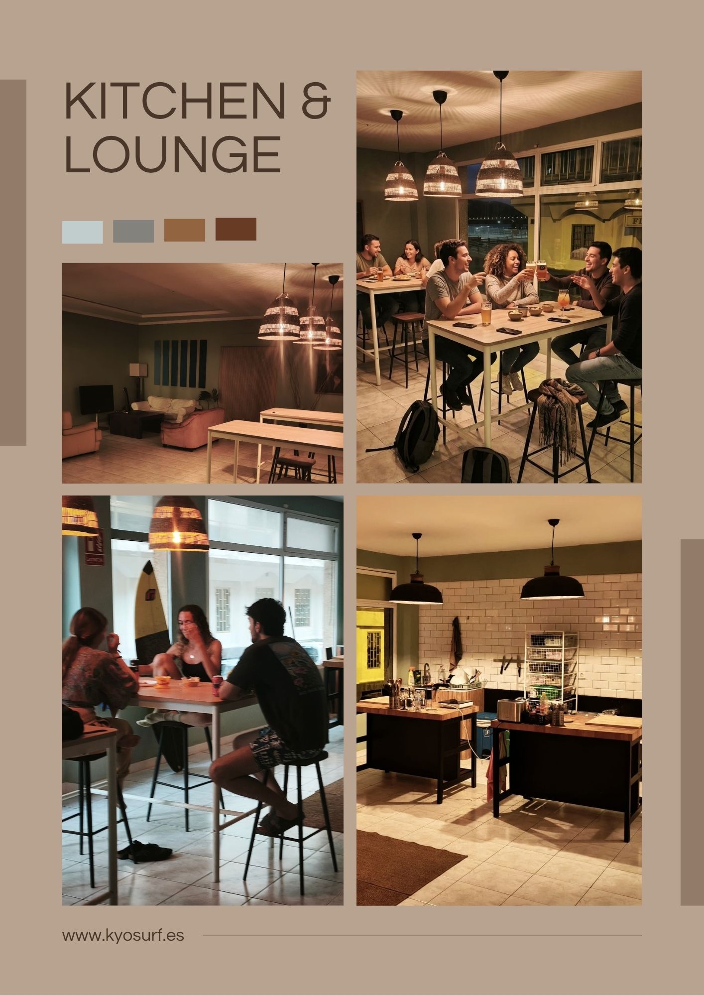 Shared kitchen and lounge with high dining tables
